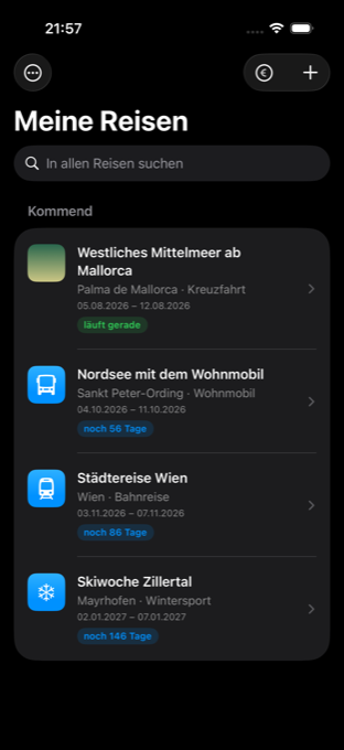 Die Reiseliste der App