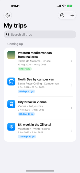 Die Reiseliste der App