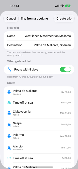Eighteen pages of PDF become eight port days with dates, the day at sea included. The German place names come from the confirmation itself — see the caveat below.