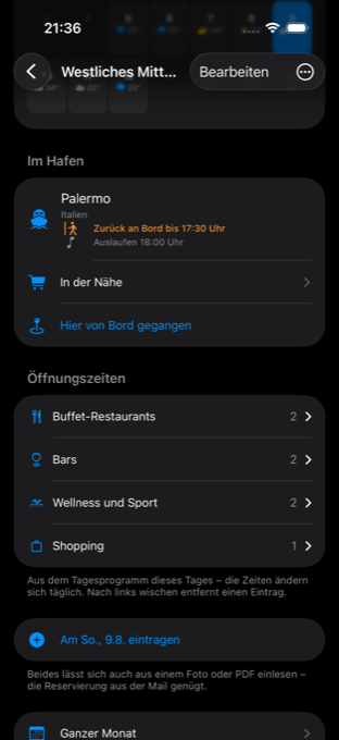 Der Hafentag: Rückkehrfrist, Auslaufen, Umgebung und die Öffnungszeiten von heute.