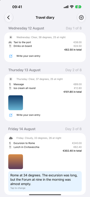 One page per day of the trip. Empty ones too — nothing happens on a beach that an app records.