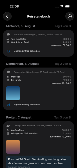 Je Reisetag eine Seite. Auch die leeren — am Strand passiert nichts, was eine App mitschreibt.