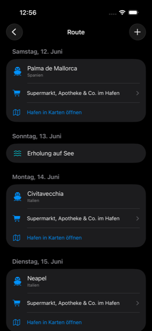 Aus achtzehn Seiten PDF werden acht Hafentage mit Datum — samt Seetag dazwischen.